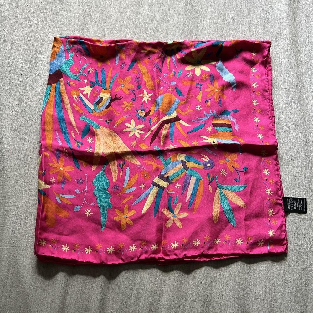 Pineda Covalin 100% Silk Scarf Pink Otomi Birds Floral Mexico 32"x33.5"